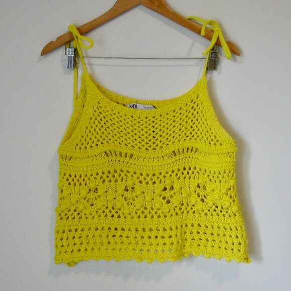 Zara Yellow Crochet Knit Top Boho Tie Straps Cropped Loose Fit NEW NWT Small - Picture 3 of 16